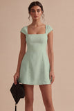 Square Neck A Line Satin Mini White Dress with Cap Sleeves