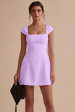 Square Neck A Line Satin Mini White Dress with Cap Sleeves