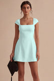 Square Neck A Line Satin Mini White Dress with Cap Sleeves