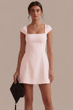 Square Neck A Line Satin Mini White Dress with Cap Sleeves