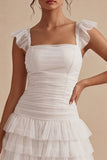 Tiered Square Neck Ruched Ruffled Mini White Dress