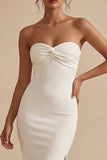Strapless Bodycon Midi White Dress with Slit