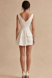 Satin A Line V Neck Mini White Dress