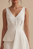 Satin A Line V Neck Mini White Dress