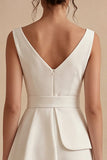 Satin A Line V Neck Mini White Dress