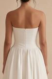 Strapless Satin A Line Pleated Midi White Dress
