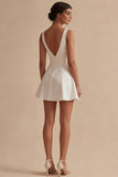 A Line Satin V Neck Mini White Dress