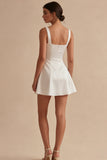 Spaghetti Straps A Line Satin Mini White Dress with Bow