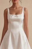 Spaghetti Straps A Line Satin Mini White Dress with Bow