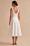Satin V Neck A Line Midi White Dress