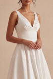 Satin V Neck A Line Midi White Dress