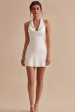 Halter Bodycon Satin Backless Mini White Dress