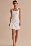 Halter Ruched Bodycon Mini White Dress