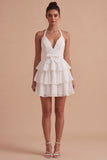 Halter Tiered A Line Bowed Mini White Dress