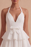 Halter Tiered A Line Bowed Mini White Dress