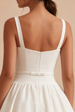 Spaghetti Straps A Line Pleated Mini White Dress with Belt