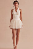Halter Tiered Tulle Mini White Dress