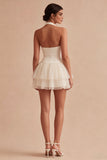 Halter Tiered Tulle Mini White Dress