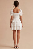 Tiered Square Neck Short Sleeve Mini White Dress