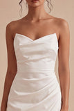 Strapless Ruched Satin Mini White Dress with Slit