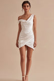 Asymmetrical Neck Ruched Satin Bodycon Mini White Dress