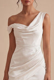 Asymmetrical Neck Ruched Satin Bodycon Mini White Dress