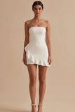 Strapless Ruffled Bodycon Mini White Dress