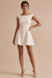 Bateau Neck A Line Satin Mini White Dress