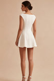 Bateau Neck A Line Satin Mini White Dress