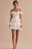 Off the Shoulder Tiered Ruffled Mini White Dress