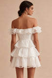 Off the Shoulder Tiered Ruffled Mini White Dress
