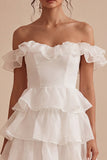 Off the Shoulder Tiered Ruffled Mini White Dress