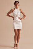 Halter Cut Out Ruched Satin Bodycon Mini White Dress