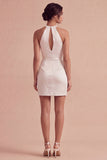 Halter Cut Out Ruched Satin Bodycon Mini White Dress