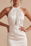 Halter Cut Out Ruched Satin Bodycon Mini White Dress