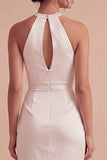 Halter Cut Out Ruched Satin Bodycon Mini White Dress