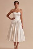 Strapless A Line Pleated Satin Midi White Dress