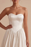 Strapless A Line Pleated Satin Midi White Dress