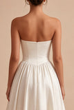 Strapless A Line Pleated Satin Midi White Dress