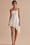 High Low Ruched A Line Ruffled Mini White Dress