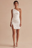 One Shoulder Ruched Satin Bodycon Mini White Dress with Slit