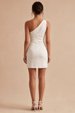 One Shoulder Ruched Satin Bodycon Mini White Dress with Slit