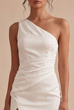 One Shoulder Ruched Satin Bodycon Mini White Dress with Slit