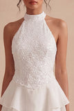 Halter Sequin Tiered A Line Mini White Dress