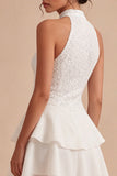 Halter Sequin Tiered A Line Mini White Dress