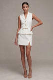 Notched Lapel White 2 Piece Work Dress with Belt