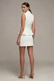 Notched Lapel White 2 Piece Work Dress with Belt