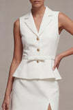 Notched Lapel White 2 Piece Work Dress with Belt