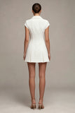 Notched Lapel A Line Pleated White Mini Work Dress