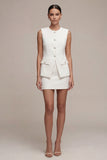 Round Neck White 2 Piece Bodycon Work Dress with Pearls